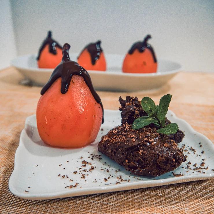Verjuice Poached Pears & Chocolate Mousse