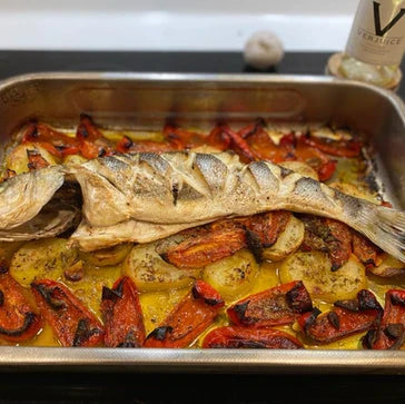 Rick Steins Baked Sea Bass with Red Peppers and Verjuice